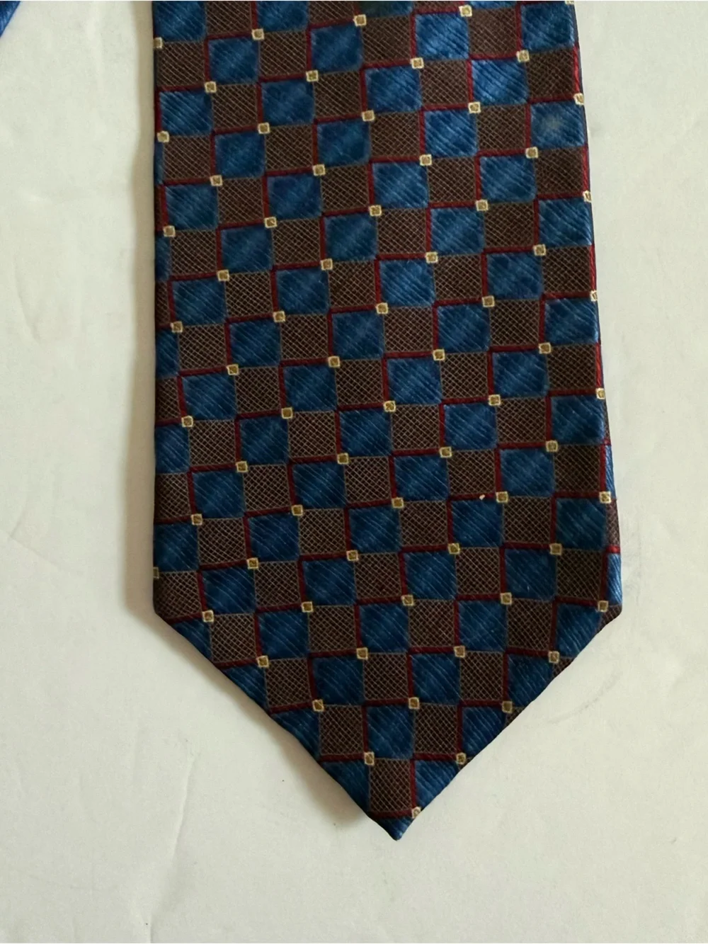 Silk Geometric Check Tie in Blue and Burgundy - Made in USA